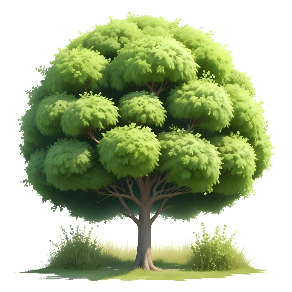 Digital Painting A Lush Green Tree With A Full Rounded Canopy Standing On A Grassy Ground With Small Bushes Against A Plain White Background Watercolor Style Bold And Slim Lines Brush Strokes 58 99e3