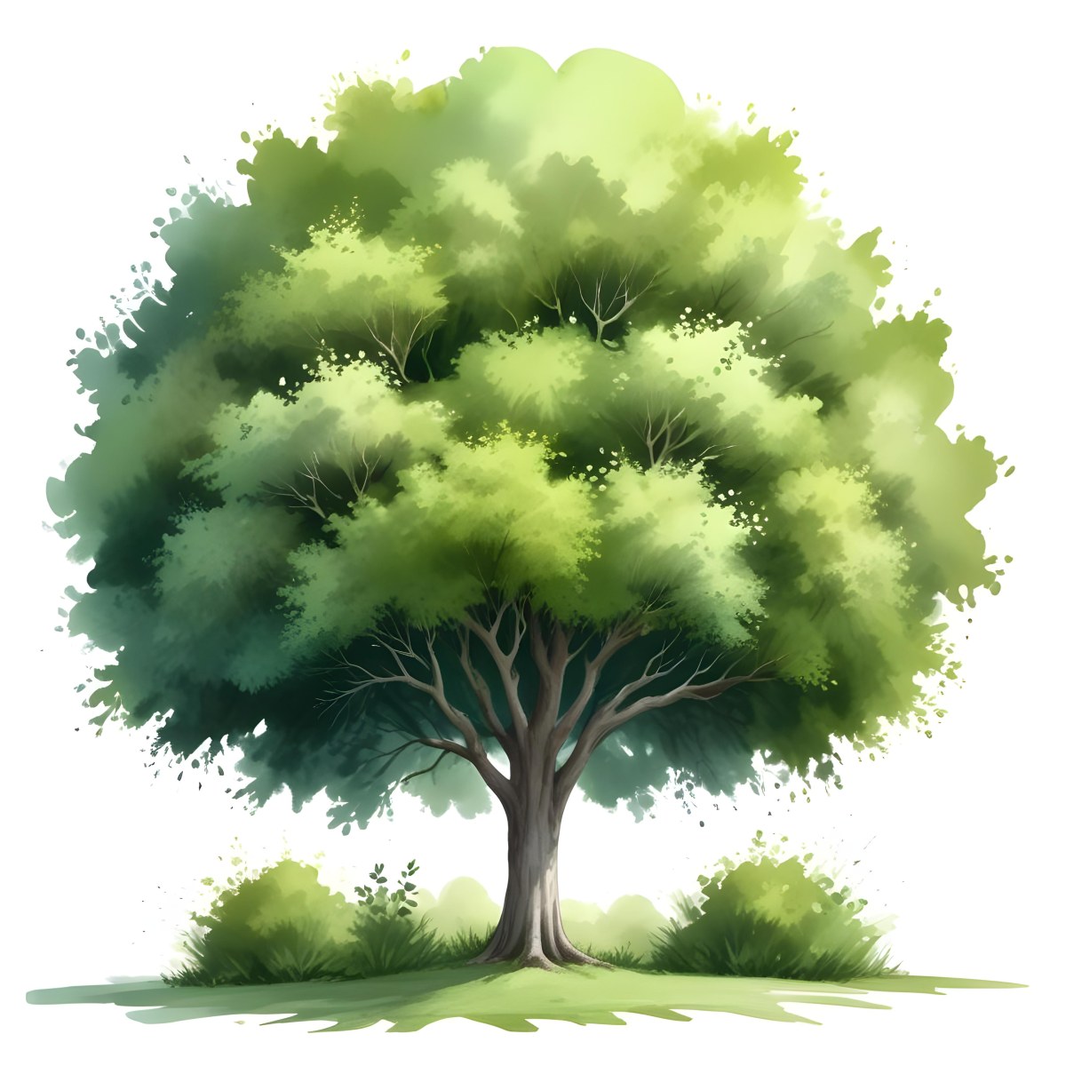 Digital Painting A Lush Green Tree With A Full Rounded Canopy Standing On A Grassy Ground With Small Bushes Against A Plain White Background Watercolor Style Bold And Slim Lines Brush Strokes 59 Df7e