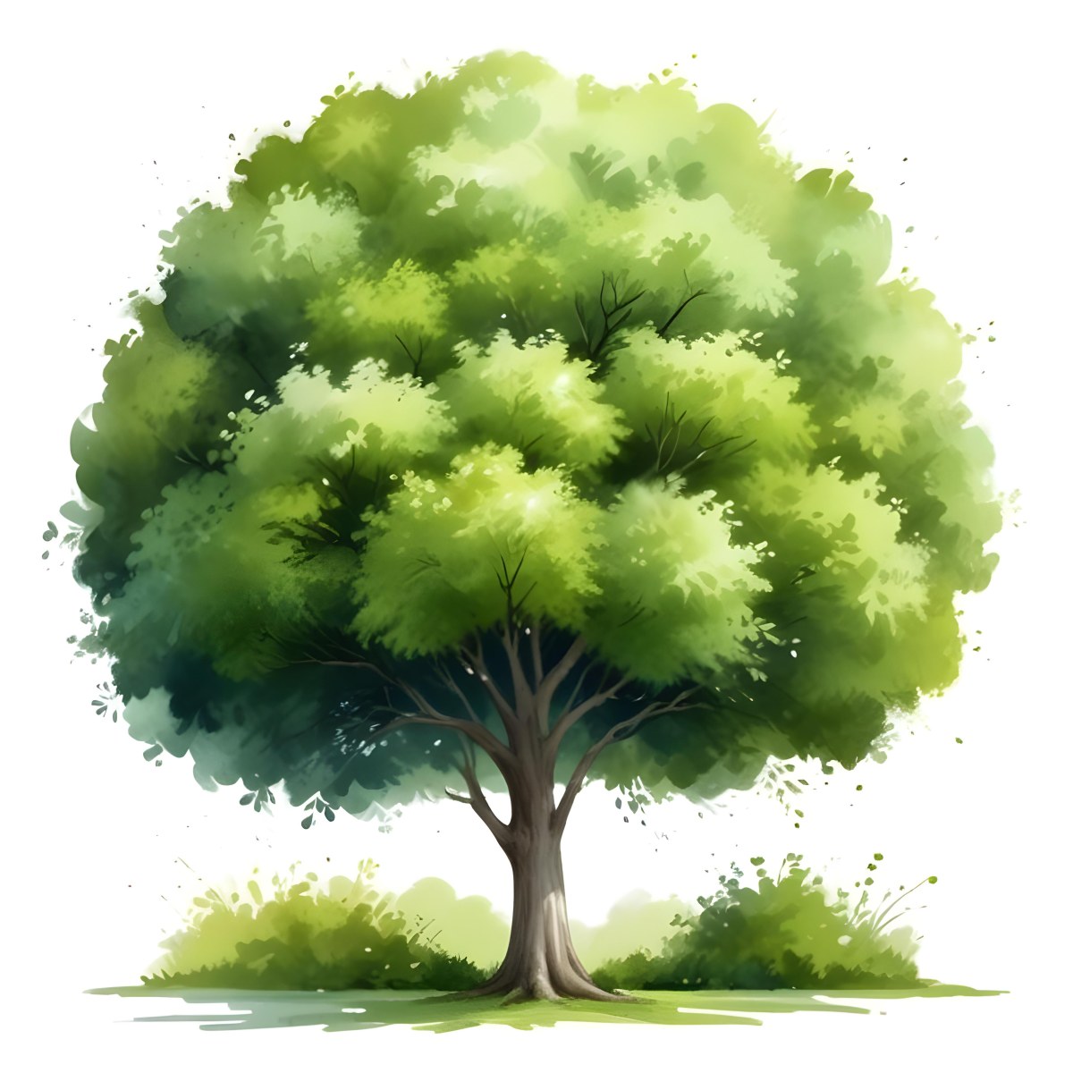 Digital Painting A Lush Green Tree With A Full Rounded Canopy Standing On A Grassy Ground With Small Bushes Against A Plain White Background Watercolor Style Bold And Slim Lines Brush Strokes 6 5064