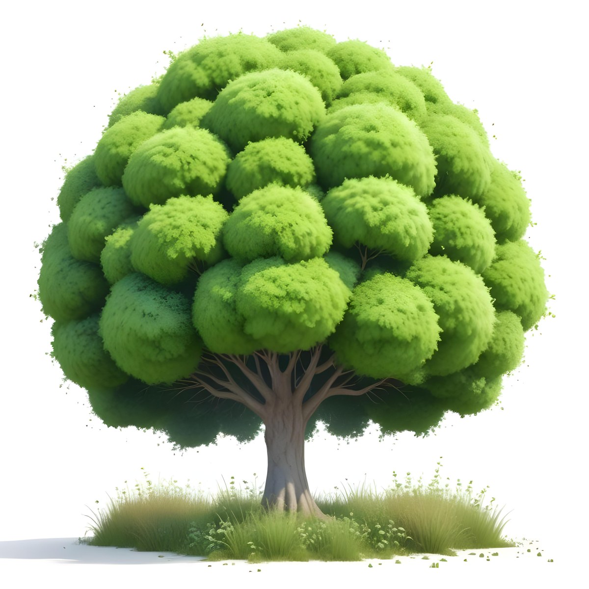 Digital Painting A Lush Green Tree With A Full Rounded Canopy Standing On A Grassy Ground With Small Bushes Against A Plain White Background Watercolor Style Bold And Slim Lines Brush Strokes 60 E5ff