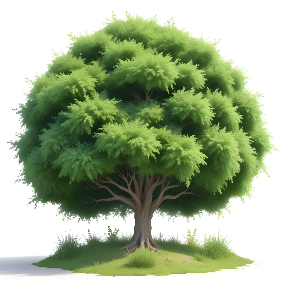 Digital Painting A Lush Green Tree With A Full Rounded Canopy Standing On A Grassy Ground With Small Bushes Against A Plain White Background Watercolor Style Bold And Slim Lines Brush Strokes 62 8e32