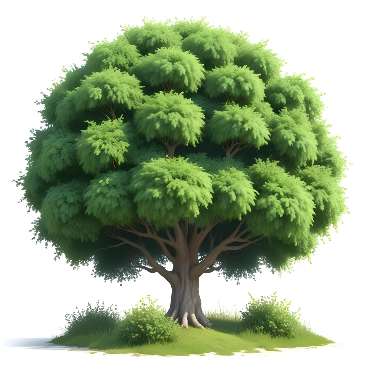 Digital Painting A Lush Green Tree With A Full Rounded Canopy Standing On A Grassy Ground With Small Bushes Against A Plain White Background Watercolor Style Bold And Slim Lines Brush Strokes 7 2409