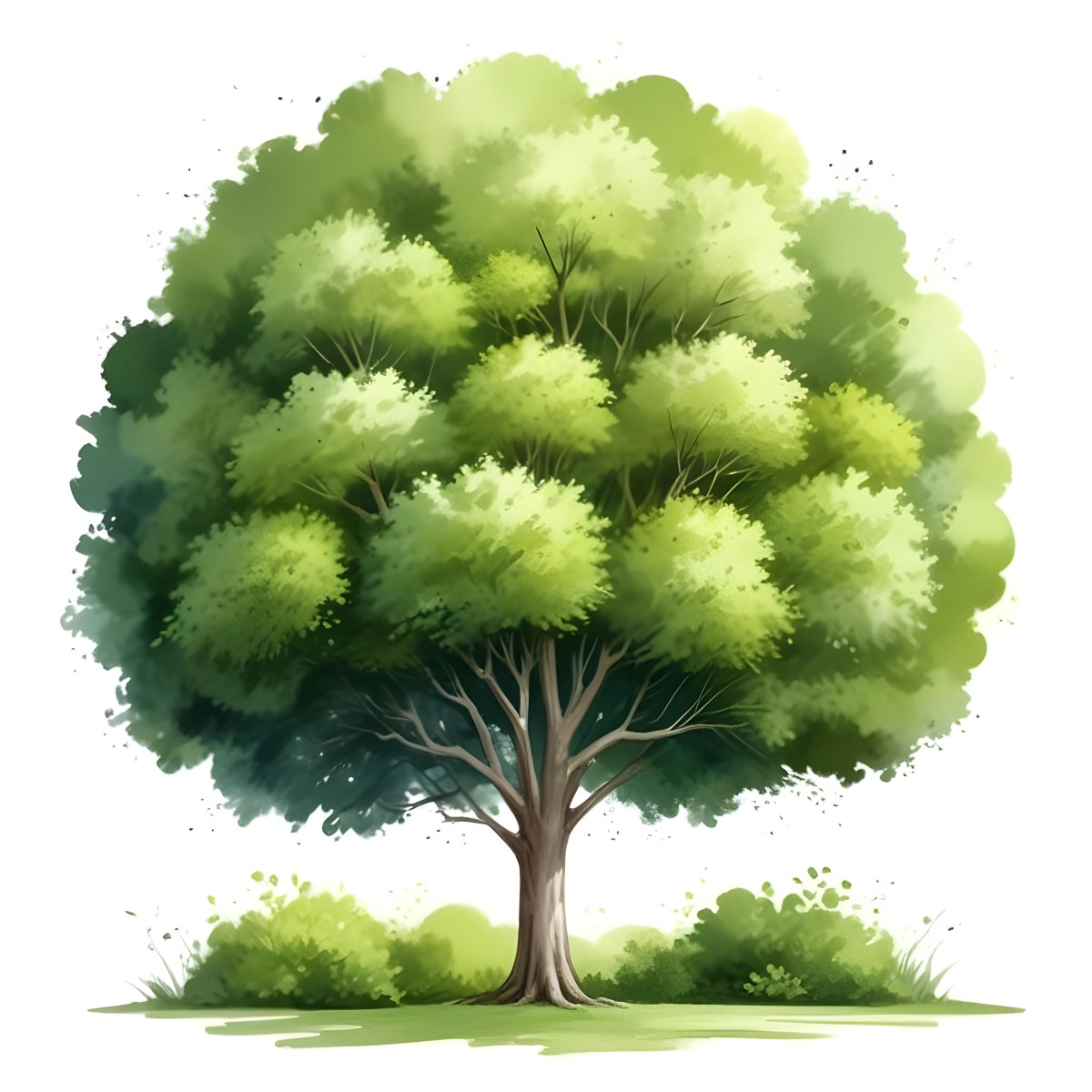 Digital Painting A Lush Green Tree With A Full Rounded Canopy Standing On A Grassy Ground With Small Bushes Against A Plain White Background Watercolor Style Bold And Slim Lines Brush Strokes 8 F5ec