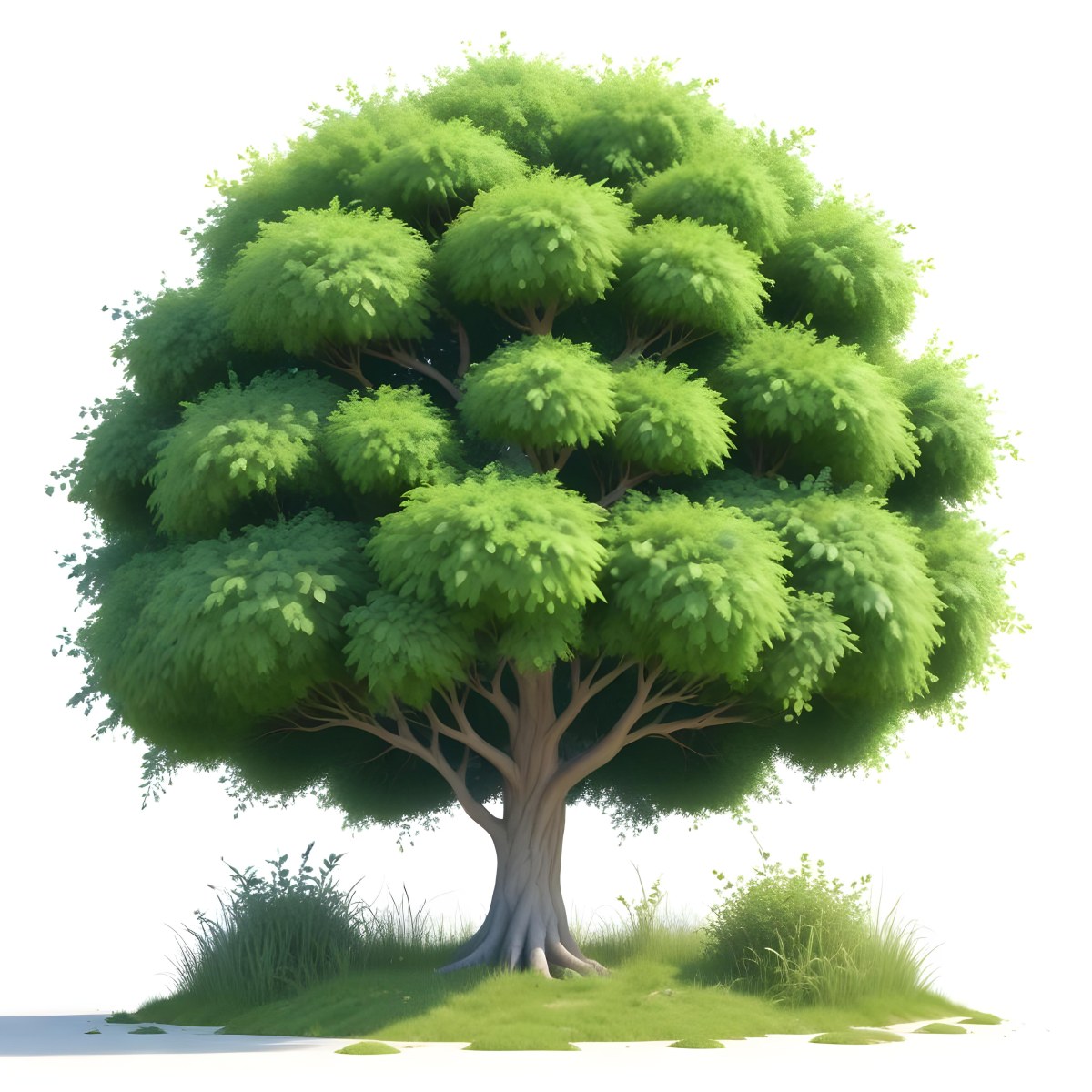 Digital Painting A Lush Green Tree With A Full Rounded Canopy Standing On A Grassy Ground With Small Bushes Against A Plain White Background Watercolor Style Bold And Slim Lines Brush Strokes 9 1b6c