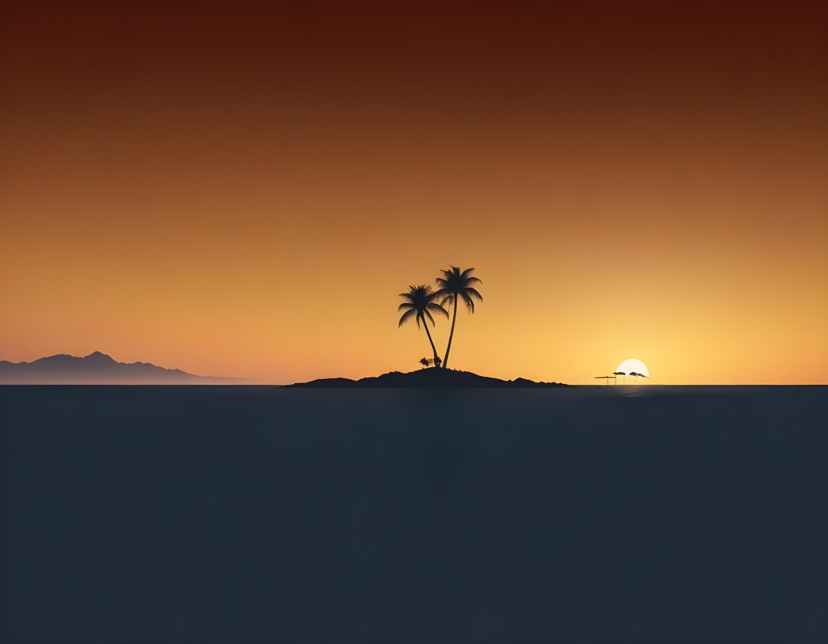 Digital Painting A Minimalist Scene Depicting A Small Island With Two Palm Trees Silhouetted Against A Gradient Sunset Sky Transitioning From Orange To Dark Blue The Water Is Calm Reflecting The Colors Of The Sky Wi 5 B6e0