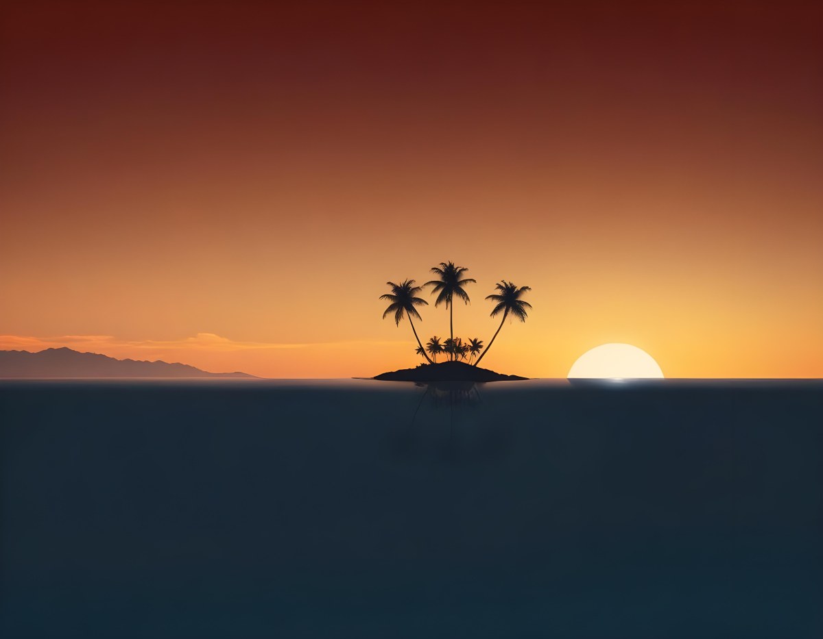 Digital Painting A Minimalist Scene Depicting A Small Island With Two Palm Trees Silhouetted Against A Gradient Sunset Sky Transitioning From Orange To Dark Blue The Water Is Calm Reflecting The Colors Of The Sky Wi 6 7859