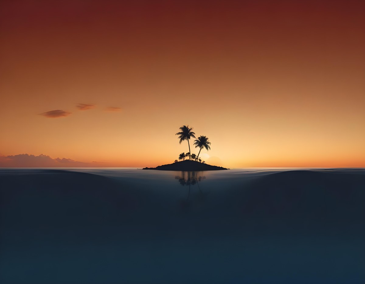 Digital Painting A Minimalist Scene Depicting A Small Island With Two Palm Trees Silhouetted Against A Gradient Sunset Sky Transitioning From Orange To Dark Blue The Water Is Calm Reflecting The Colors Of The Sky Wi 7 Be7f