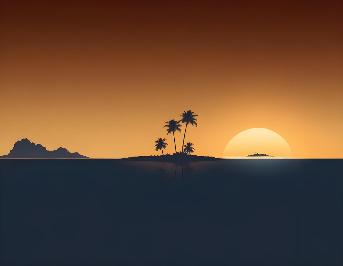 Digital Painting A Minimalist Scene Depicting A Small Island With Two Palm Trees Silhouetted Against A Gradient Sunset Sky Transitioning From Orange To Dark Blue The Water Is Calm Reflecting The Colors Of The Sky Wi 8 06ea