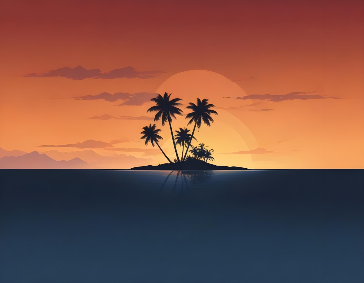 Digital Painting A Minimalist Scene Depicting A Small Island With Two Palm Trees Silhouetted Against A Gradient Sunset Sky Transitioning From Orange To Dark Blue The Water Is Calm Reflecting The Colors Of The Sky Wi 9 9fdc