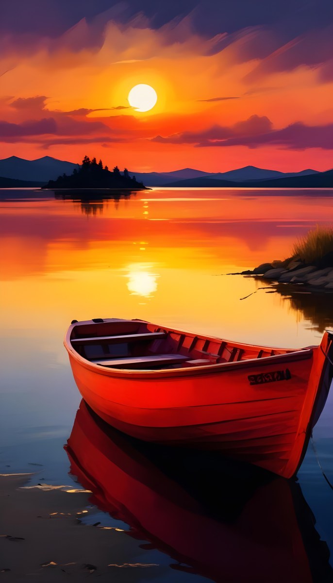 Digital Painting A Red Boat Is Anchored In Calm Water During Sunset Reflecting Vibrant Orange Yellow And Purple Hues In The Sky The Sun Is Partially Visible Above The Horizon And There Are Silhouettes Of Distant Mou 12 1044