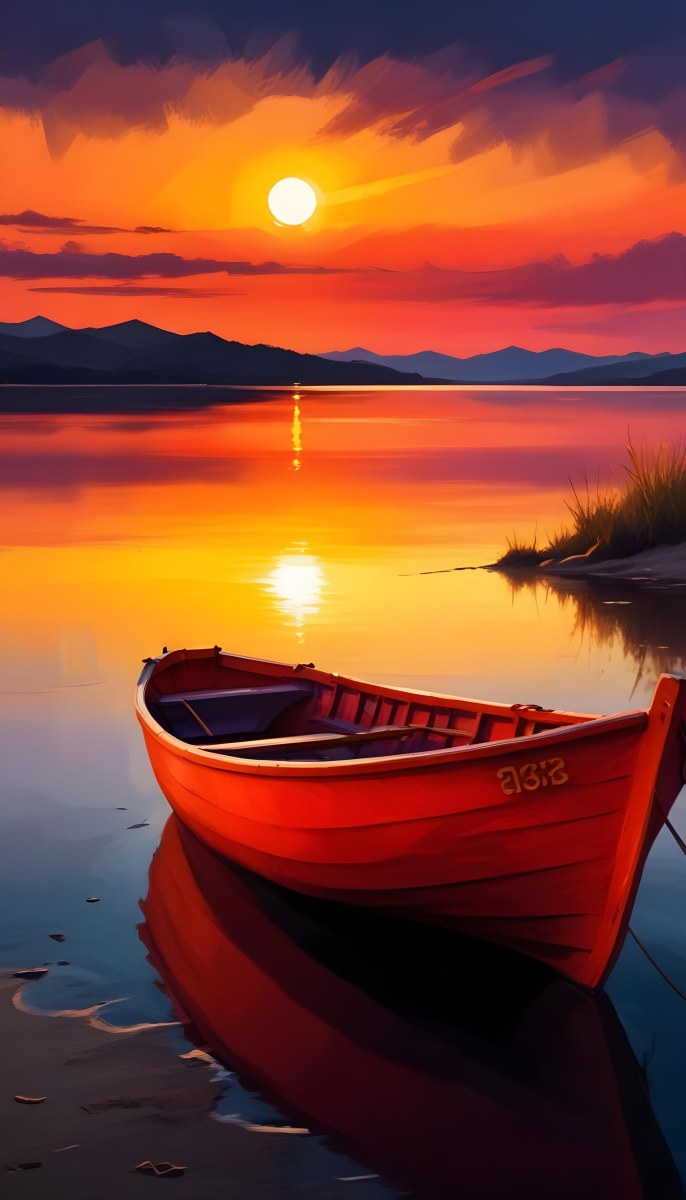 Digital Painting A Red Boat Is Anchored In Calm Water During Sunset Reflecting Vibrant Orange Yellow And Purple Hues In The Sky The Sun Is Partially Visible Above The Horizon And There Are Silhouettes Of Distant Mou 13 A98c