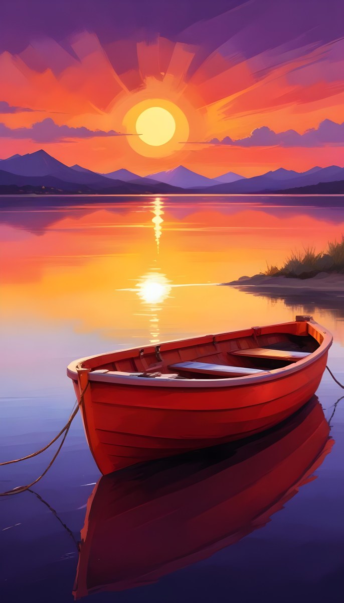 Digital Painting A Red Boat Is Anchored In Calm Water During Sunset Reflecting Vibrant Orange Yellow And Purple Hues In The Sky The Sun Is Partially Visible Above The Horizon And There Are Silhouettes Of Distant Mou 14 1a74