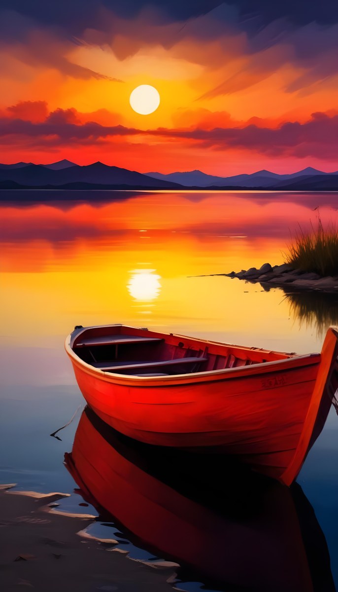 Digital Painting A Red Boat Is Anchored In Calm Water During Sunset Reflecting Vibrant Orange Yellow And Purple Hues In The Sky The Sun Is Partially Visible Above The Horizon And There Are Silhouettes Of Distant Mou 15 Fb36