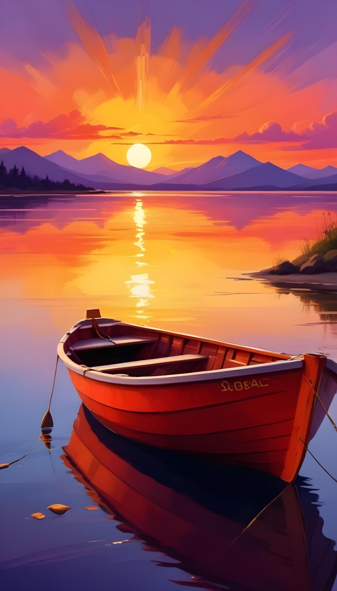 Digital Painting A Red Boat Is Anchored In Calm Water During Sunset Reflecting Vibrant Orange Yellow And Purple Hues In The Sky The Sun Is Partially Visible Above The Horizon And There Are Silhouettes Of Distant Mou 16 1597