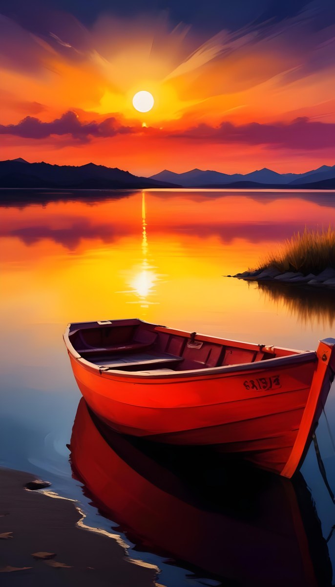 Digital Painting A Red Boat Is Anchored In Calm Water During Sunset Reflecting Vibrant Orange Yellow And Purple Hues In The Sky The Sun Is Partially Visible Above The Horizon And There Are Silhouettes Of Distant Mou 17 3f45