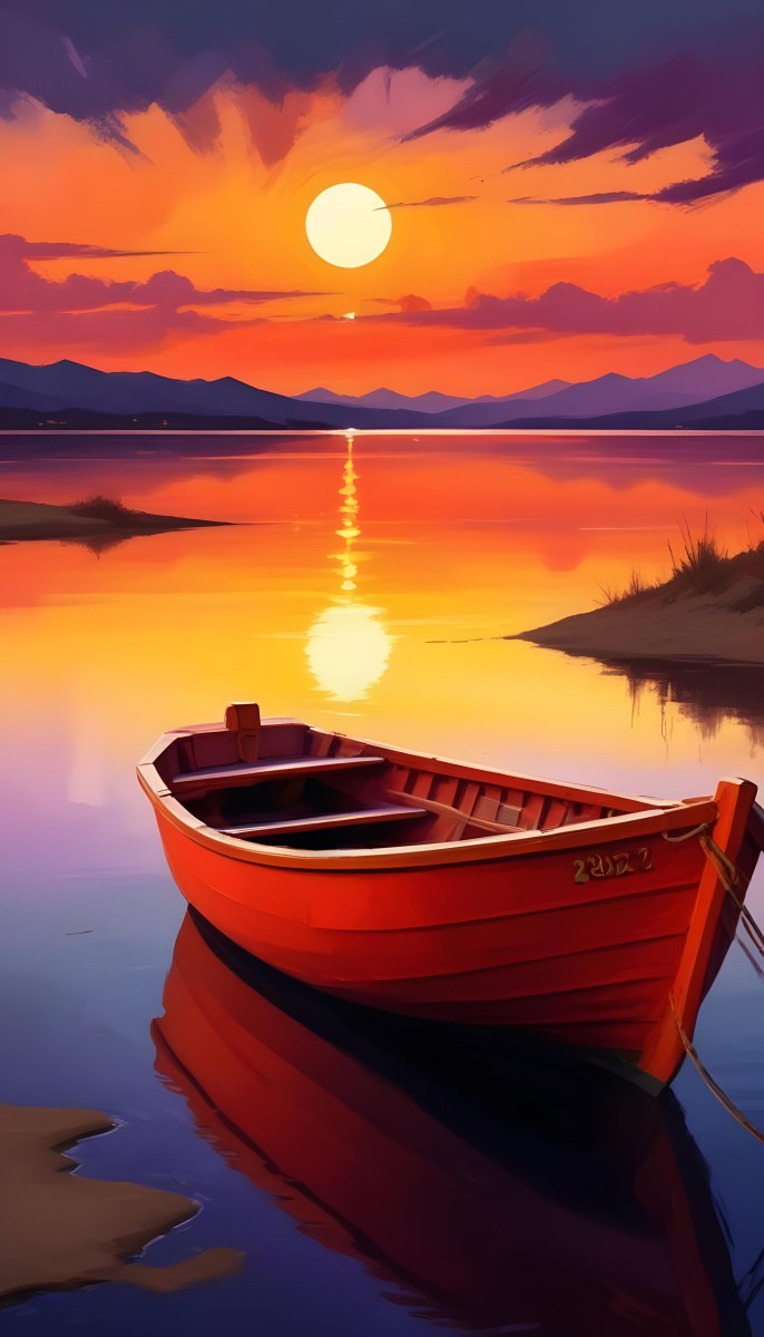 Digital Painting A Red Boat Is Anchored In Calm Water During Sunset Reflecting Vibrant Orange Yellow And Purple Hues In The Sky The Sun Is Partially Visible Above The Horizon And There Are Silhouettes Of Distant Mou 3 1acf