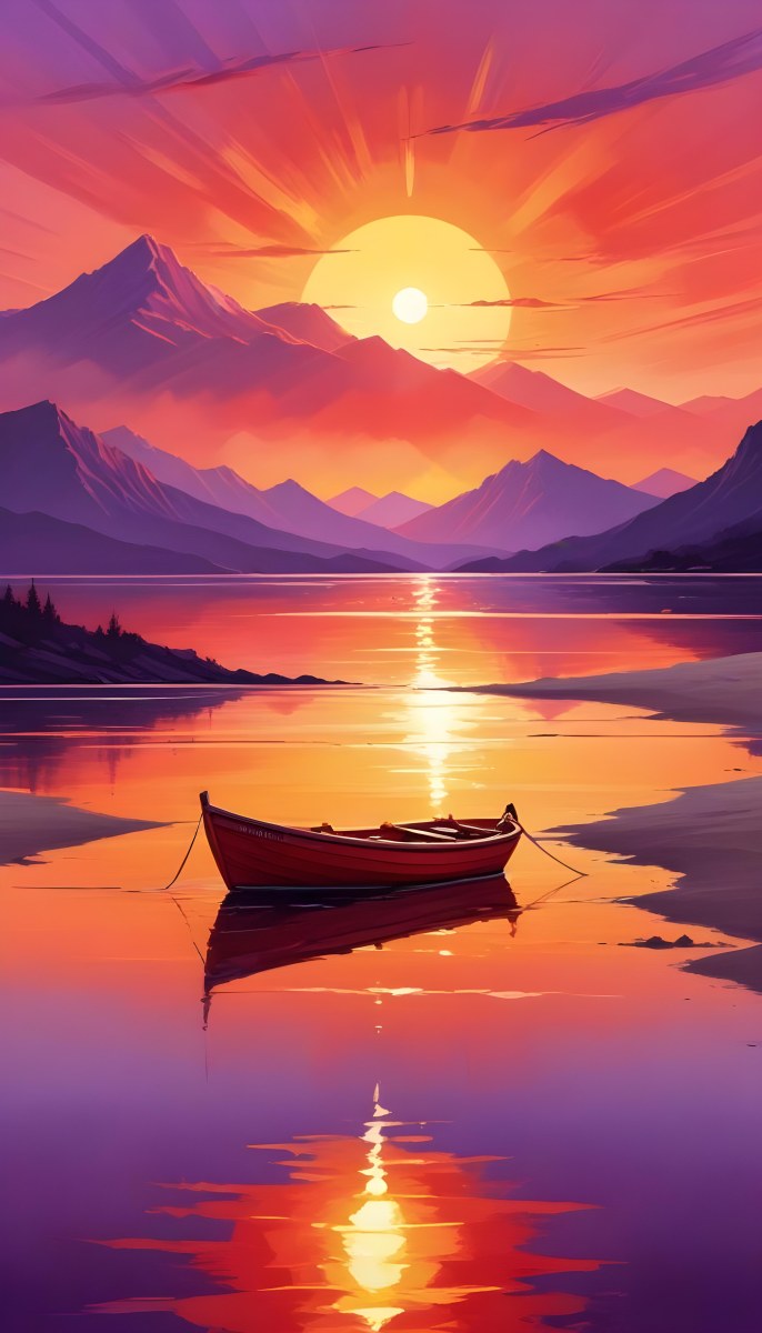 Digital Painting A Red Boat Is Anchored In Calm Water During Sunset Reflecting Vibrant Orange Yellow And Purple Hues In The Sky The Sun Is Partially Visible Above The Horizon And There Are Silhouettes Of Distant Mou 4 5cc7