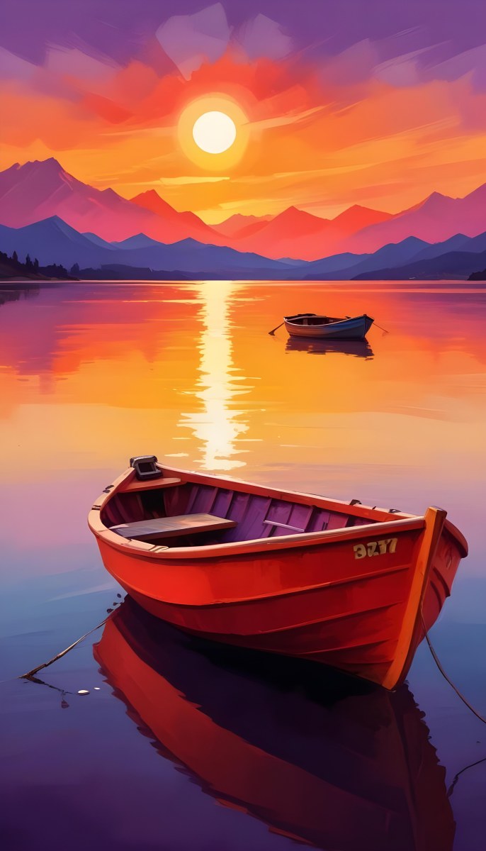 Digital Painting A Red Boat Is Anchored In Calm Water During Sunset Reflecting Vibrant Orange Yellow And Purple Hues In The Sky The Sun Is Partially Visible Above The Horizon And There Are Silhouettes Of Distant Mou 6 00d0