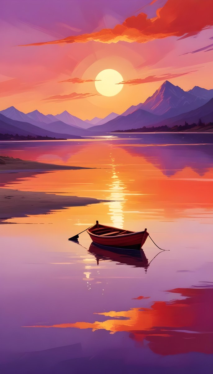 Digital Painting A Red Boat Is Anchored In Calm Water During Sunset Reflecting Vibrant Orange Yellow And Purple Hues In The Sky The Sun Is Partially Visible Above The Horizon And There Are Silhouettes Of Distant Mou 7 D106