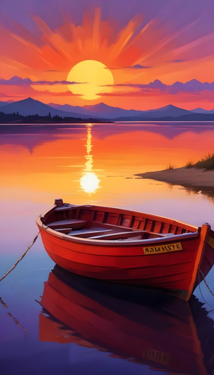 Digital Painting A Red Boat Is Anchored In Calm Water During Sunset Reflecting Vibrant Orange Yellow And Purple Hues In The Sky The Sun Is Partially Visible Above The Horizon And There Are Silhouettes Of Distant Mou 8 6157