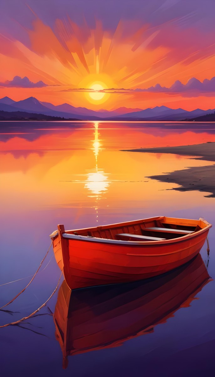 Digital Painting A Red Boat Is Anchored In Calm Water During Sunset Reflecting Vibrant Orange Yellow And Purple Hues In The Sky The Sun Is Partially Visible Above The Horizon And There Are Silhouettes Of Distant Mou 9 15a9