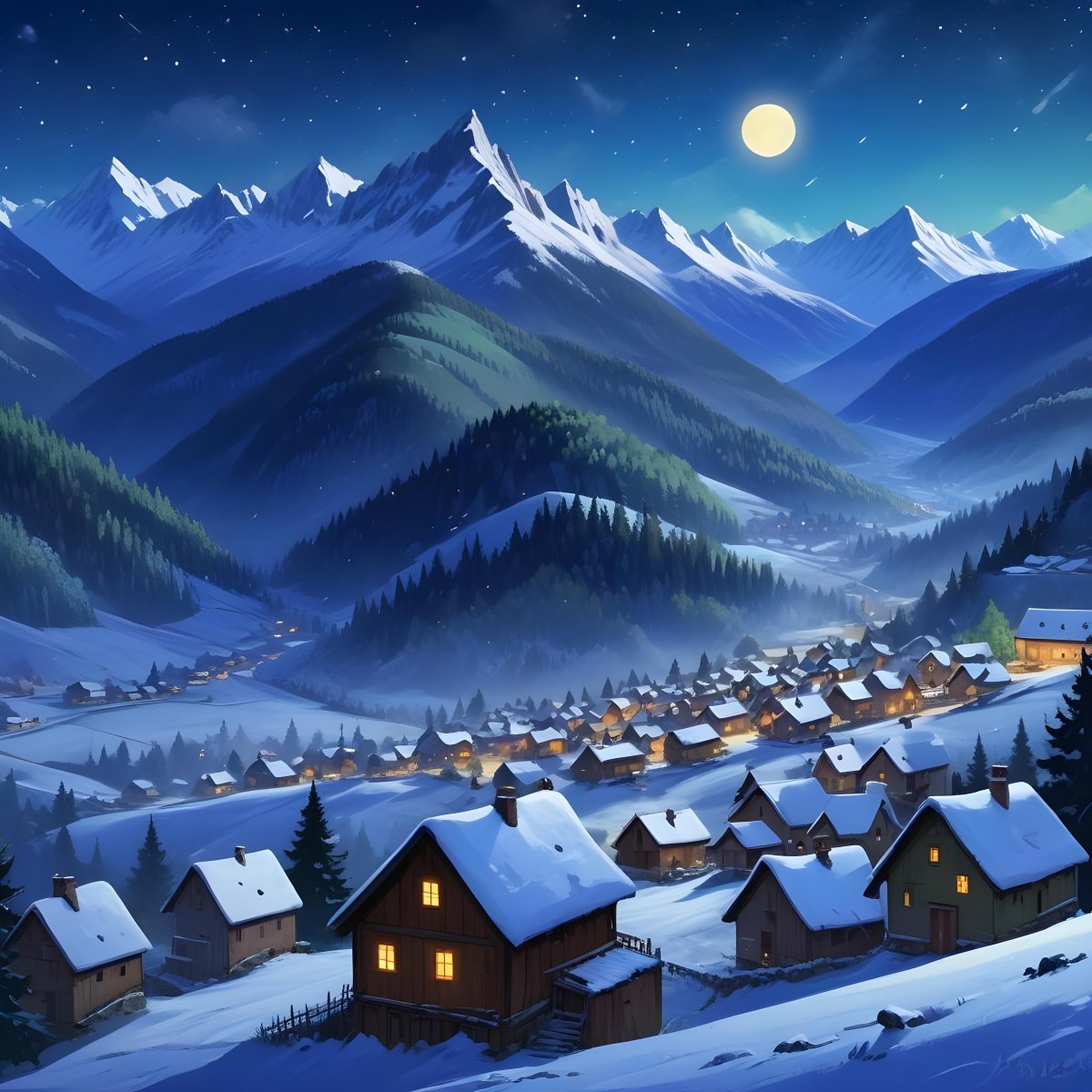 Digital Painting A Snowy Winter Landscape With A Small Village Nestled In A Forested Valley Surrounded By Tall Mountains Under A Starry Night Sky With A Full Moon A Sunny Summer Landscape With A Bustling Villag 3 Fe7e