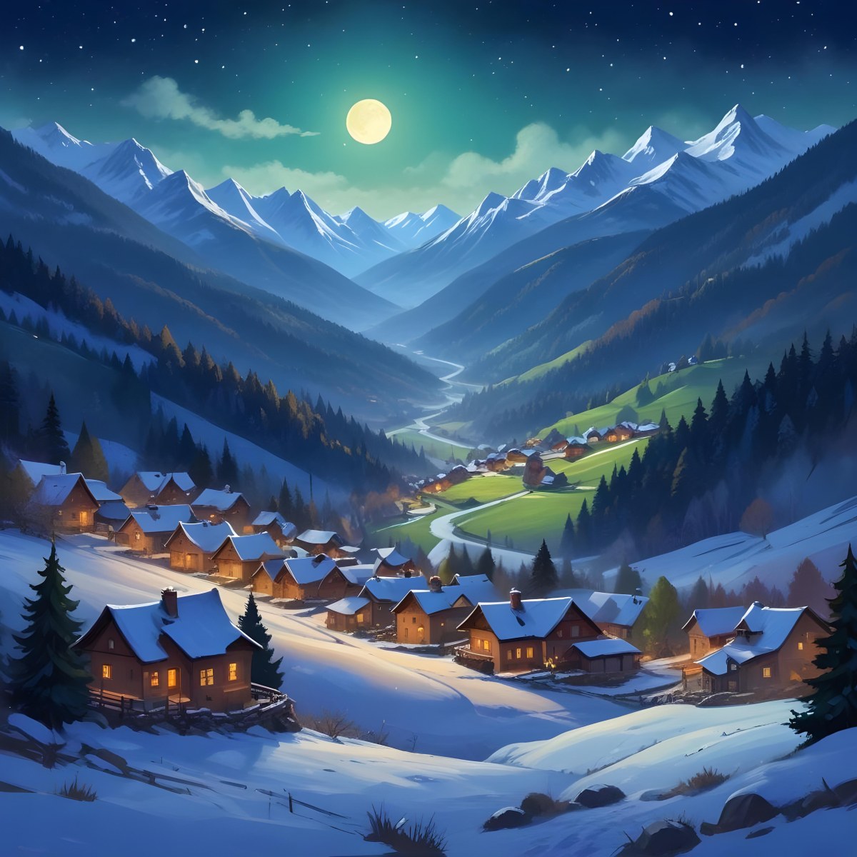 Digital Painting A Snowy Winter Landscape With A Small Village Nestled In A Forested Valley Surrounded By Tall Mountains Under A Starry Night Sky With A Full Moon A Sunny Summer Landscape With A Bustling Villag 4 D117