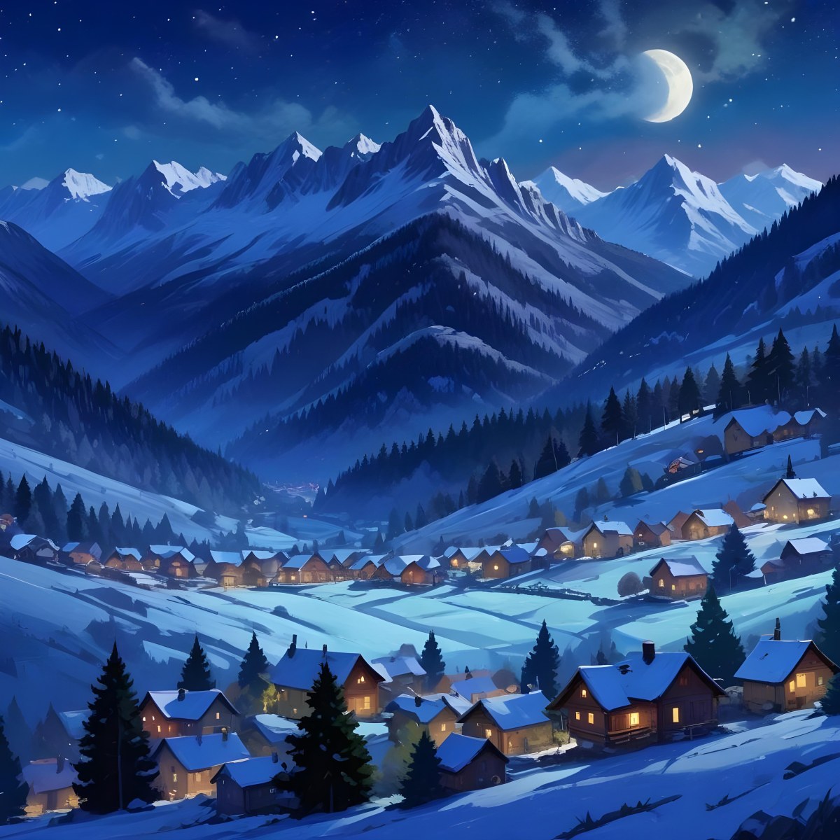 Digital Painting A Snowy Winter Landscape With A Small Village Nestled In A Forested Valley Surrounded By Tall Mountains Under A Starry Night Sky With A Full Moon A Sunny Summer Landscape With A Bustling Villag 5 Debc