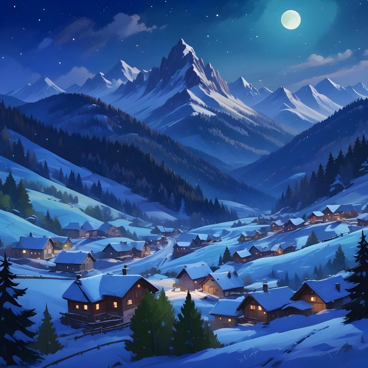 Digital Painting A Snowy Winter Landscape With A Small Village Nestled In A Forested Valley Surrounded By Tall Mountains Under A Starry Night Sky With A Full Moon A Sunny Summer Landscape With A Bustling Villag 6 96be