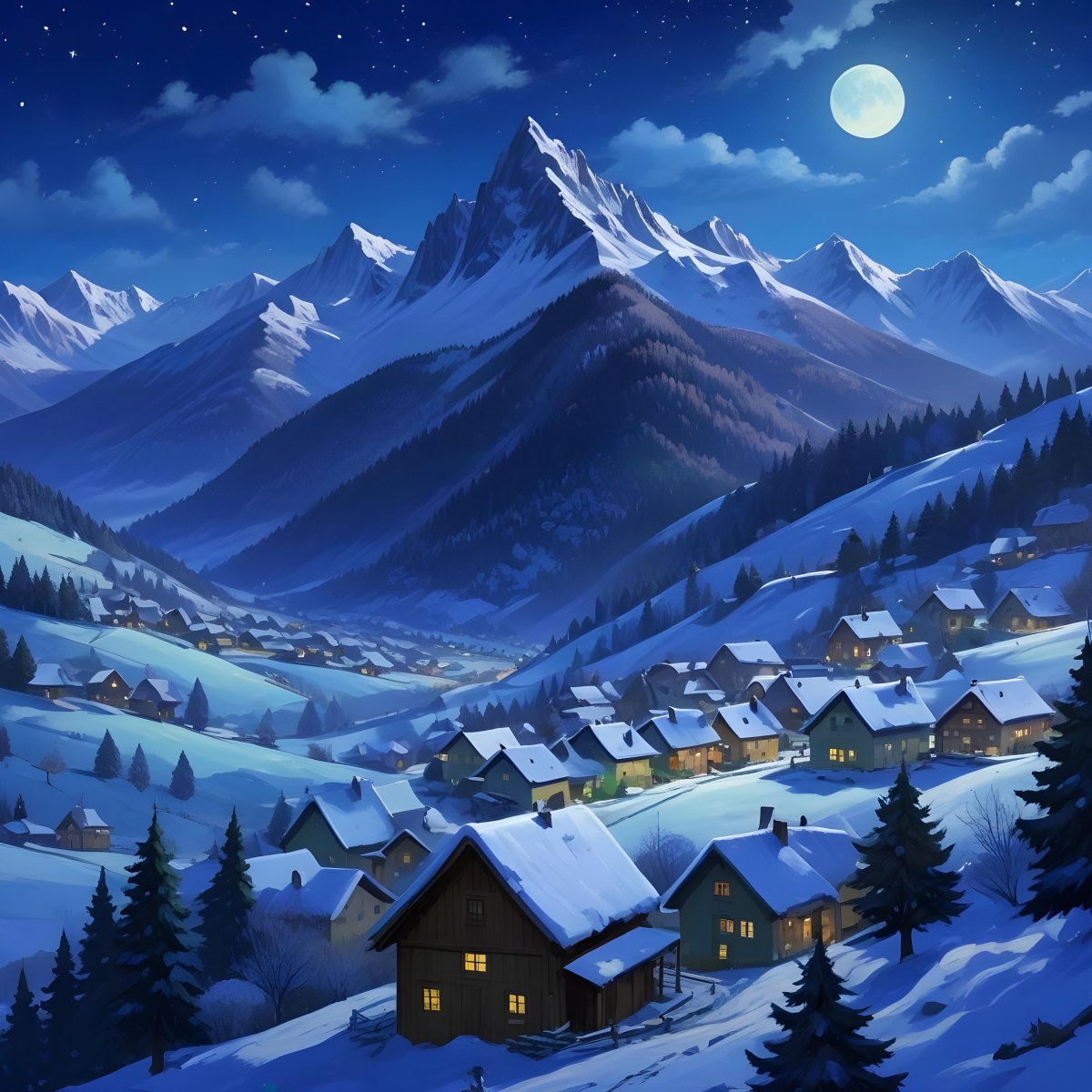 Digital Painting A Snowy Winter Landscape With A Small Village Nestled In A Forested Valley Surrounded By Tall Mountains Under A Starry Night Sky With A Full Moon A Sunny Summer Landscape With A Bustling Villag 7 659d