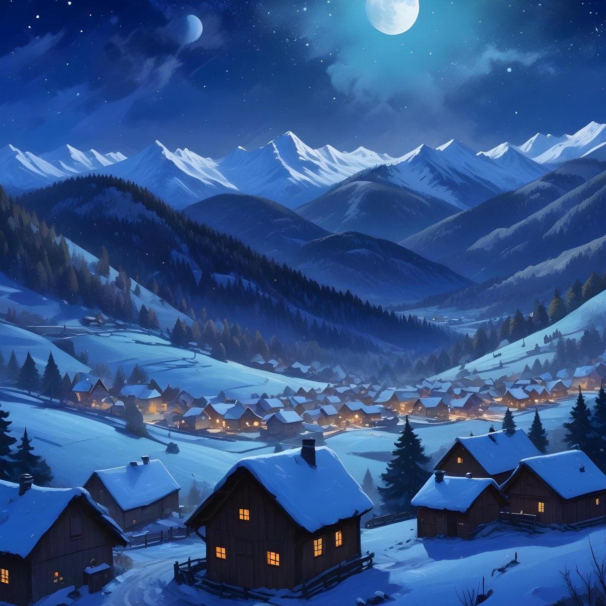 Digital Painting A Snowy Winter Landscape With A Small Village Nestled In A Forested Valley Surrounded By Tall Mountains Under A Starry Night Sky With A Full Moon A Sunny Summer Landscape With A Bustling Villag 8 5be2