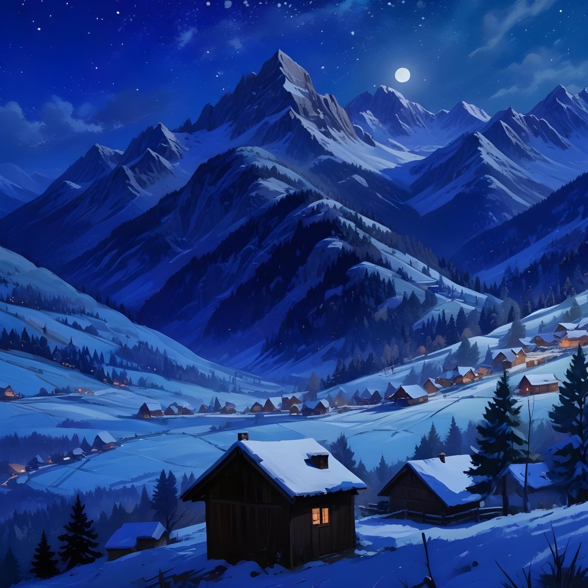 Digital Painting A Snowy Winter Landscape With A Small Village Nestled In A Forested Valley Surrounded By Tall Mountains Under A Starry Night Sky With A Full Moon A Sunny Summer Landscape With A Bustling Villag 9 1fd1