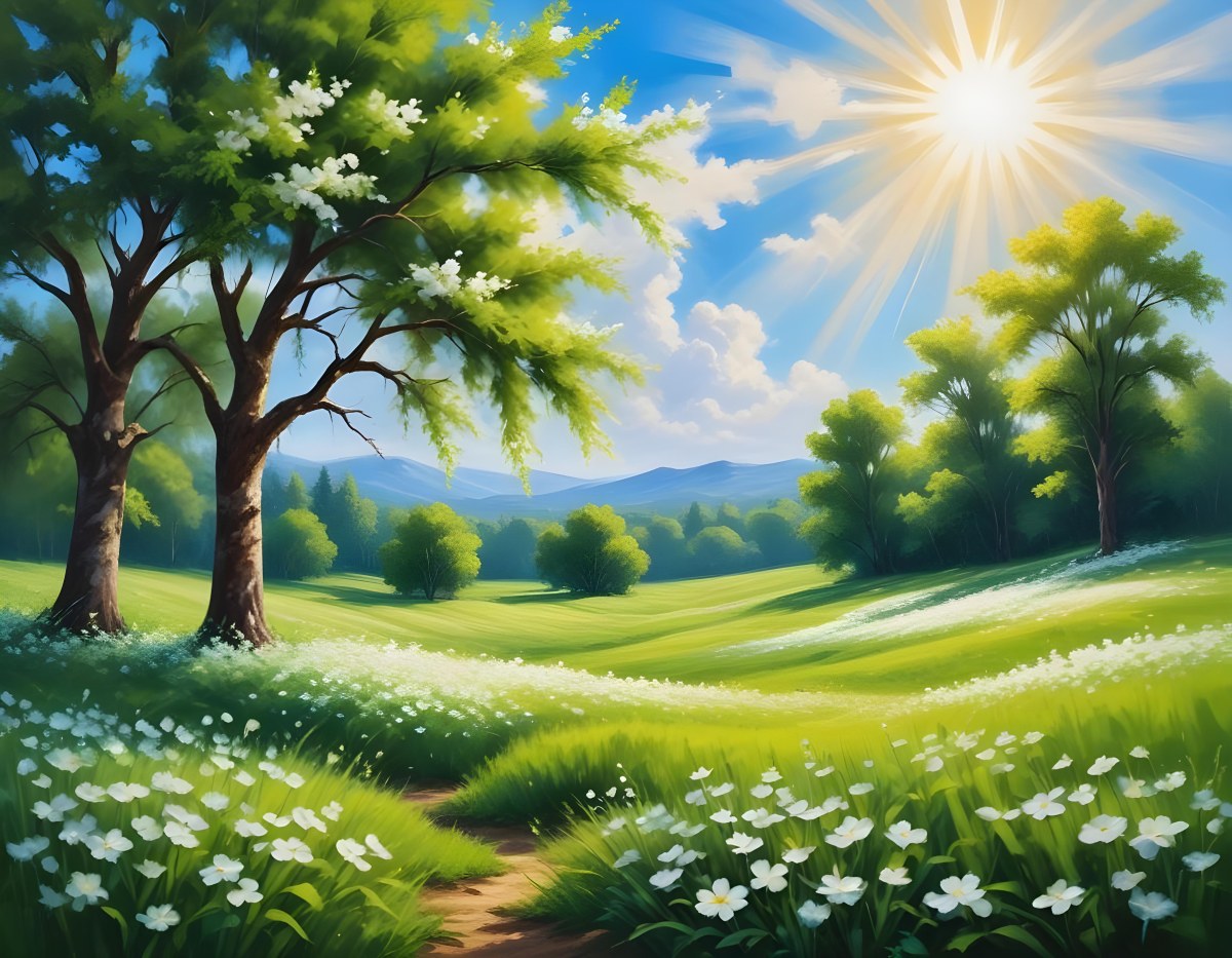 Digital Painting A Sunny Day With A Green Field White Flowers Green Trees A White Cloud And A Blue Sky With Sun Rays Bold And Slim Lines Brush Strokes 47 B735