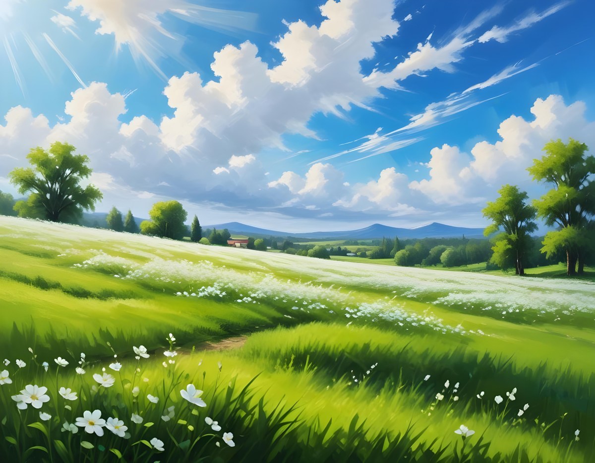 Digital Painting A Sunny Day With A Green Field White Flowers Green Trees A White Cloud And A Blue Sky With Sun Rays Bold And Slim Lines Brush Strokes 52 C60b