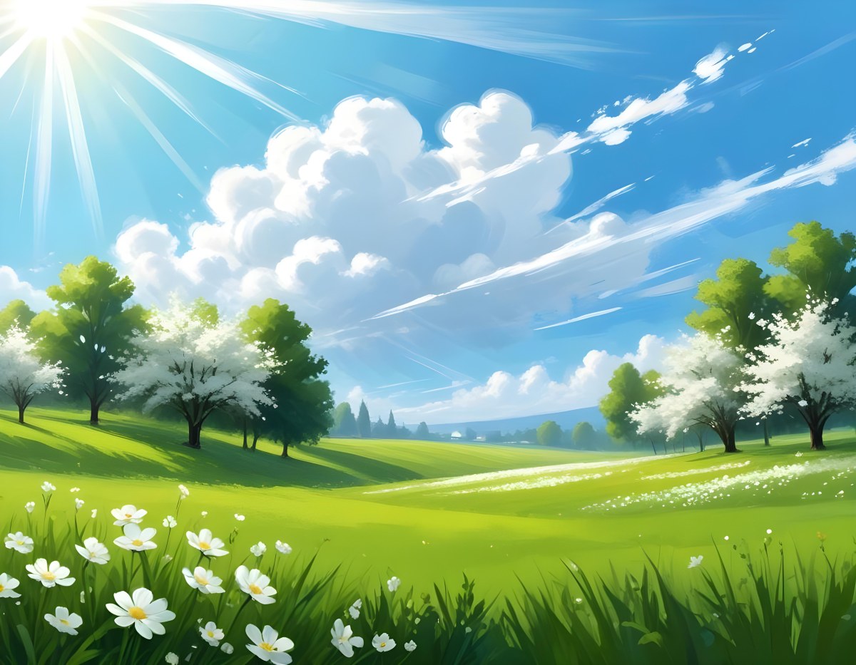 Digital Painting A Sunny Day With A Green Field White Flowers Green Trees A White Cloud And A Blue Sky With Sun Rays Bold And Slim Lines Brush Strokes 57 08ef