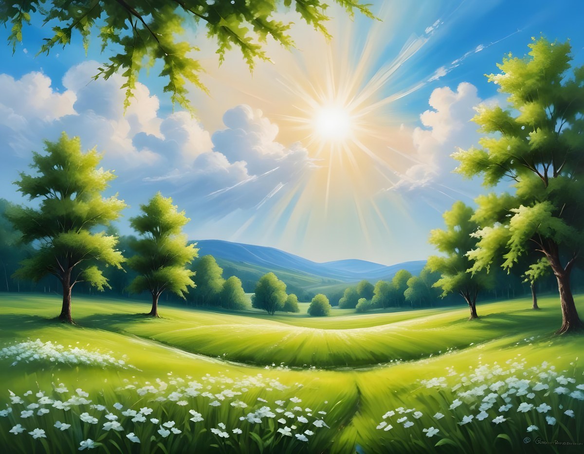 Digital Painting A Sunny Day With A Green Field White Flowers Green Trees A White Cloud And A Blue Sky With Sun Rays Bold And Slim Lines Brush Strokes 58 1414
