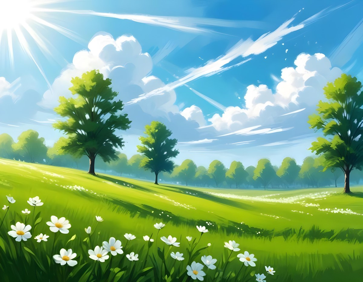 Digital Painting A Sunny Day With A Green Field White Flowers Green Trees A White Cloud And A Blue Sky With Sun Rays Bold And Slim Lines Brush Strokes 59 B7b9
