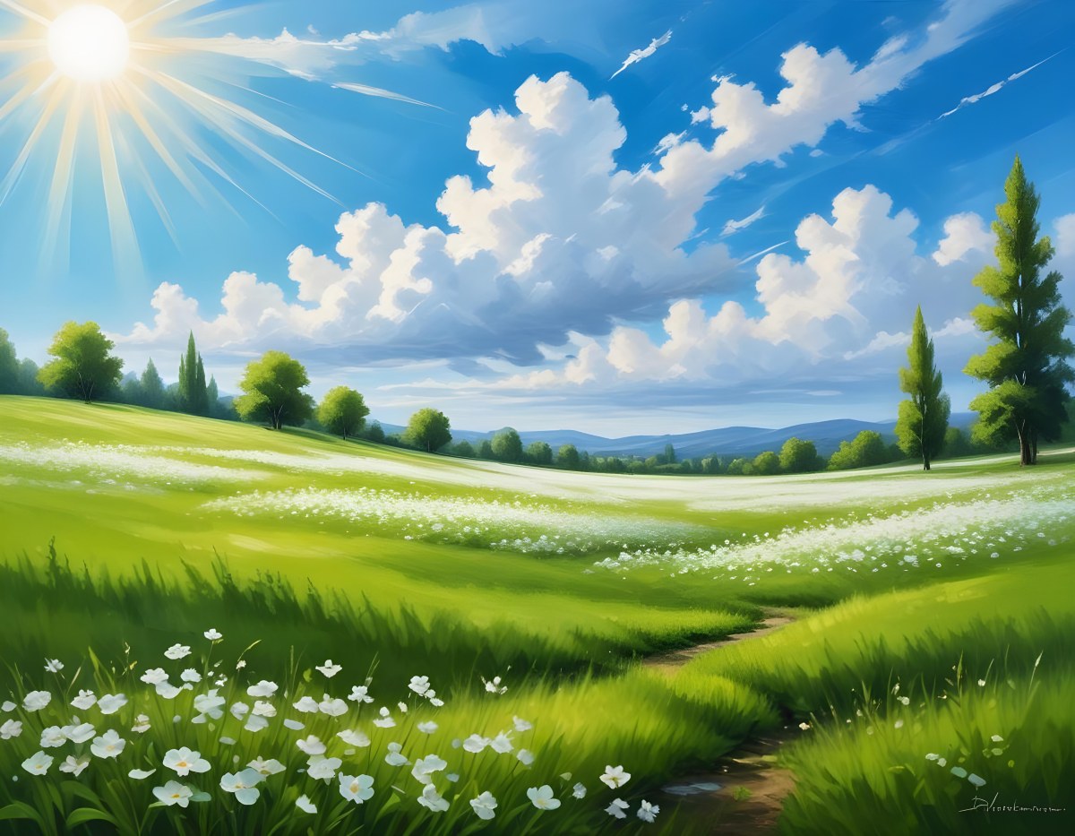 Digital Painting A Sunny Day With A Green Field White Flowers Green Trees A White Cloud And A Blue Sky With Sun Rays Bold And Slim Lines Brush Strokes 70 C248