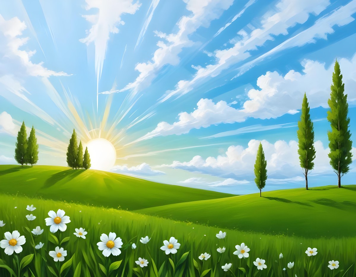 Digital Painting A Sunny Day With A Green Field White Flowers Green Trees A White Cloud And A Blue Sky With Sun Rays Bold And Slim Lines Brush Strokes 77 6aec