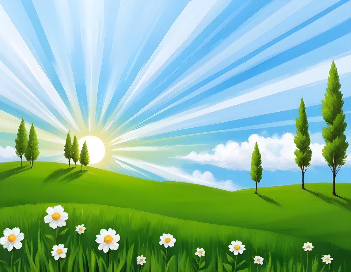 Digital Painting A Sunny Day With A Green Field White Flowers Green Trees A White Cloud And A Blue Sky With Sun Rays Bold And Slim Lines Brush Strokes 89 3d77