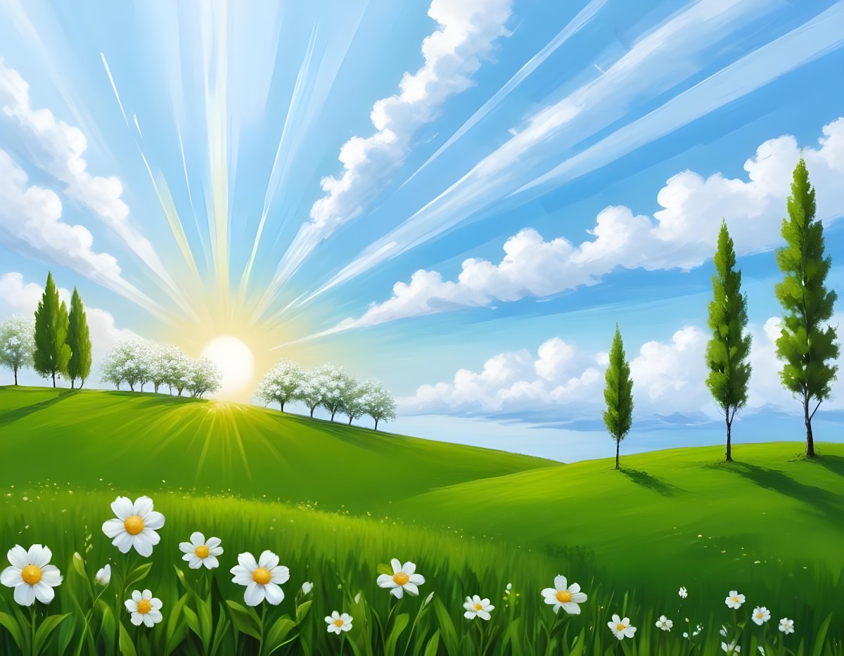 Digital Painting A Sunny Day With A Green Field White Flowers Green Trees A White Cloud And A Blue Sky With Sun Rays Bold And Slim Lines Brush Strokes 9 8d63