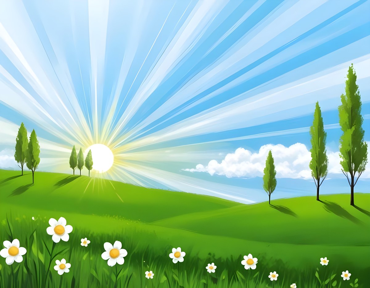 Digital Painting A Sunny Day With A Green Field White Flowers Green Trees A White Cloud And A Blue Sky With Sun Rays Bold And Slim Lines Brush Strokes 91 3d60