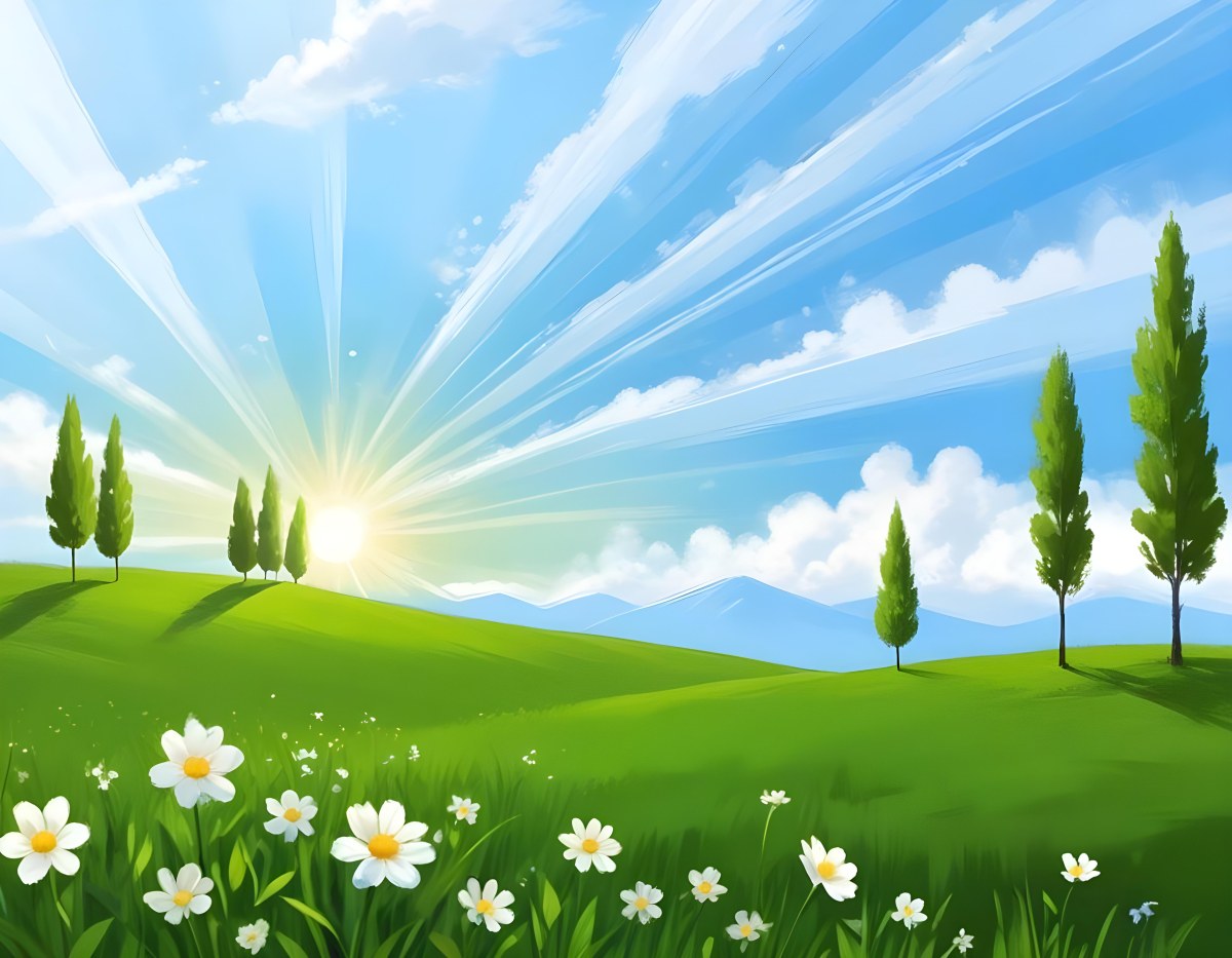 Digital Painting A Sunny Day With A Green Field White Flowers Green Trees A White Cloud And A Blue Sky With Sun Rays Bold And Slim Lines Brush Strokes 92 E728