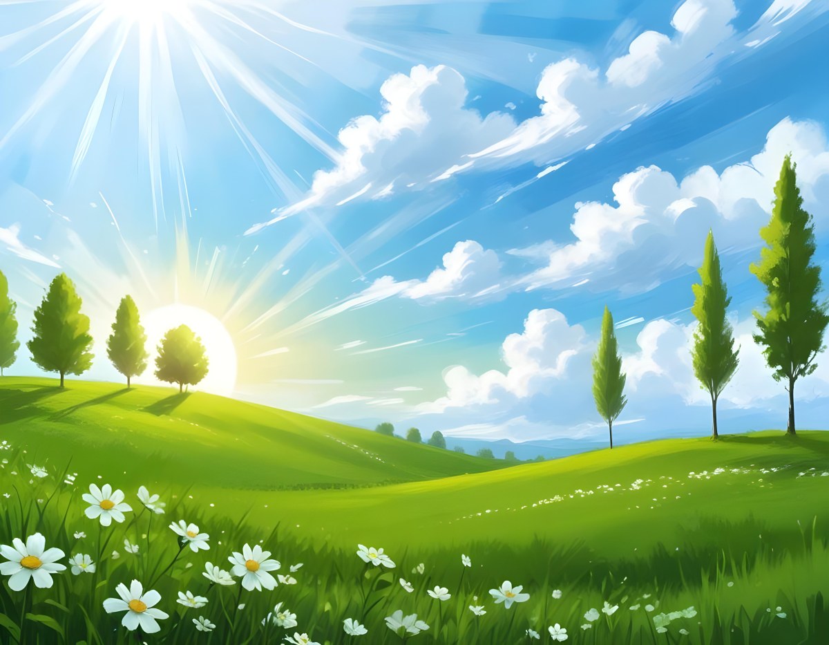 Digital Painting A Sunny Day With A Green Field White Flowers Green Trees A White Cloud And A Blue Sky With Sun Rays Bold And Slim Lines Brush Strokes 94 769c