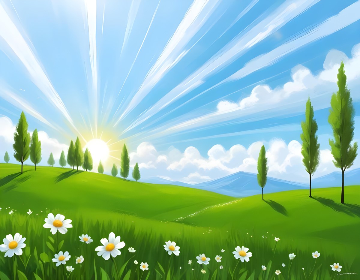 Digital Painting A Sunny Day With A Green Field White Flowers Green Trees A White Cloud And A Blue Sky With Sun Rays Bold And Slim Lines Brush Strokes 95 66ef