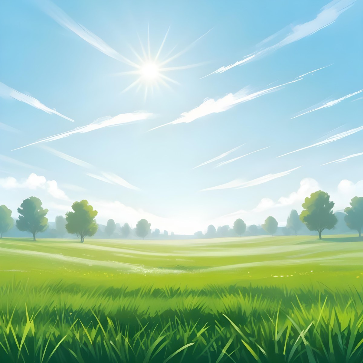 Digital Painting Green Grass Field With A Clear Blue Sky And Bright Sunlight Creating A Fresh And Vibrant Outdoor Scene Perfect For A Sunny Day Bold And Slim Lines Brush Strokes 12 01dc