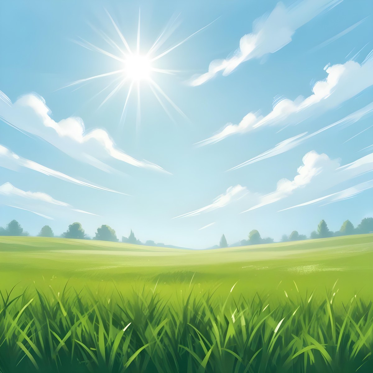 Digital Painting Green Grass Field With A Clear Blue Sky And Bright Sunlight Creating A Fresh And Vibrant Outdoor Scene Perfect For A Sunny Day Bold And Slim Lines Brush Strokes 19 A432