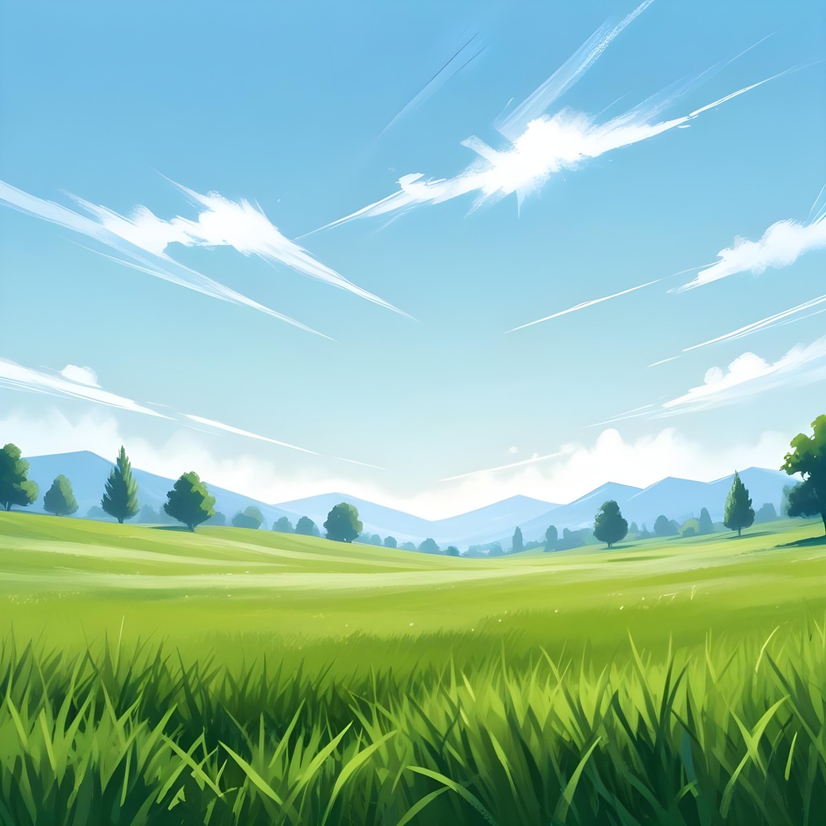 Digital Painting Green Grass Field With A Clear Blue Sky And Bright Sunlight Creating A Fresh And Vibrant Outdoor Scene Perfect For A Sunny Day Bold And Slim Lines Brush Strokes 29 0c76