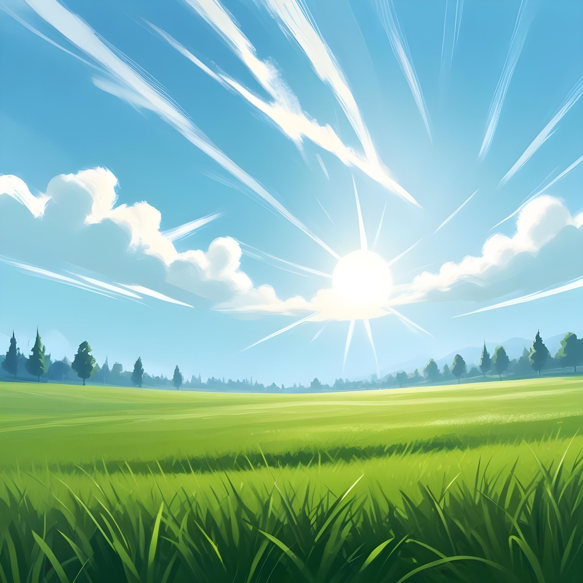 Digital Painting Green Grass Field With A Clear Blue Sky And Bright Sunlight Creating A Fresh And Vibrant Outdoor Scene Perfect For A Sunny Day Bold And Slim Lines Brush Strokes 39 090a