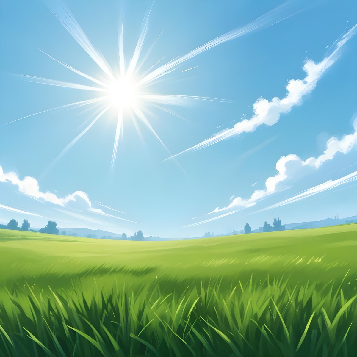 Digital Painting Green Grass Field With A Clear Blue Sky And Bright Sunlight Creating A Fresh And Vibrant Outdoor Scene Perfect For A Sunny Day Bold And Slim Lines Brush Strokes 43 509b